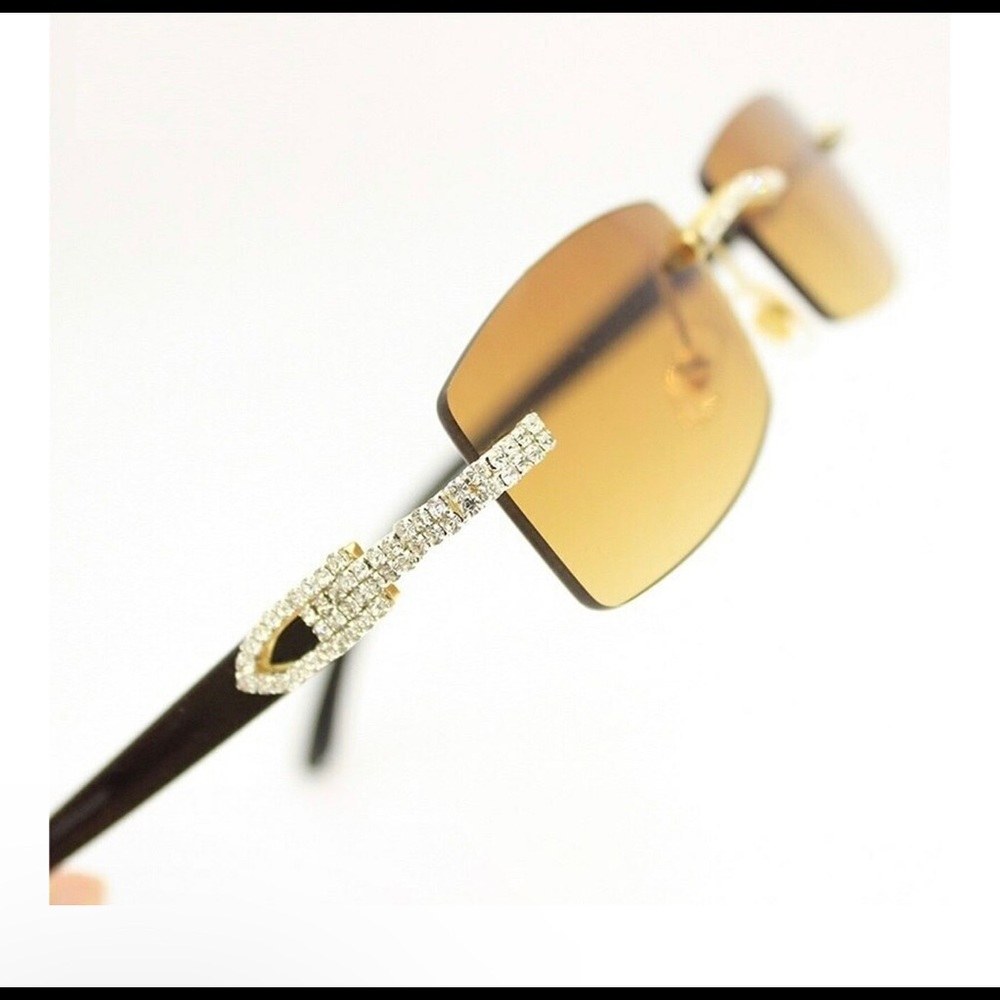 Hip Hıp Shades Diamond Gold Rimless Rapper Shades Square Bling Iced classy Brown